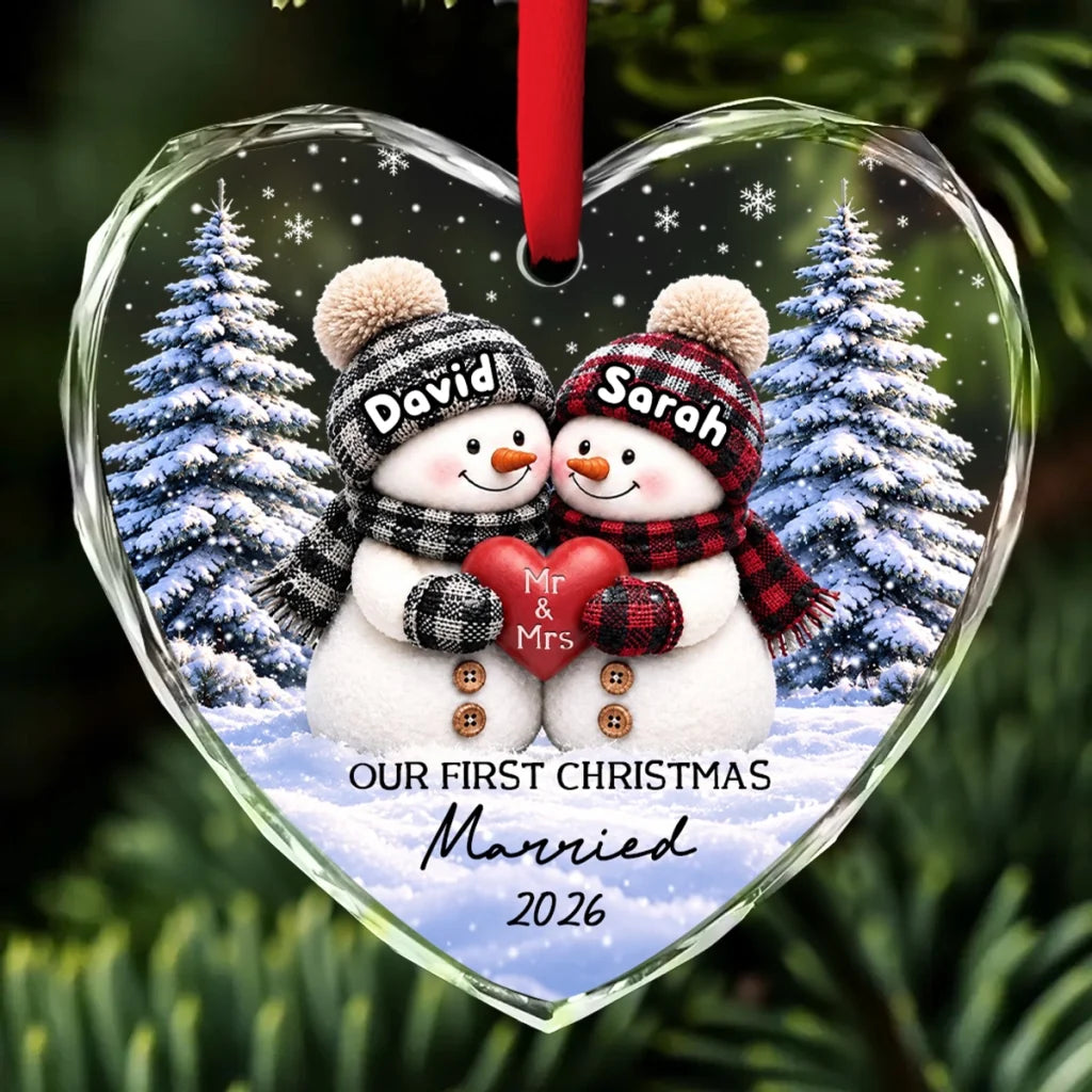 Personalized Crystal Heart Ornament, Snowman Couple Holding a Heart in Snowy Forest, Unique Christmas Gift for Newlyweds