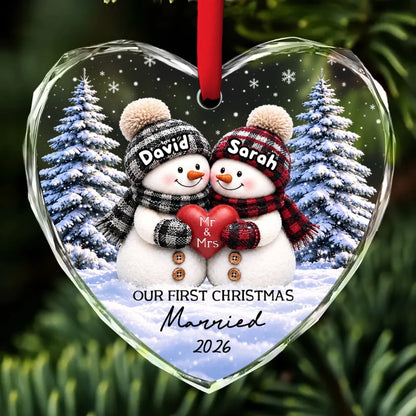 Personalized Crystal Heart Ornament, Snowman Couple Holding a Heart in Snowy Forest, Unique Christmas Gift for Newlyweds