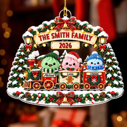 Personalized Acrylic Ornament, Cute Family Train in a Snowy Christmas Scene, Unique Gift for Family