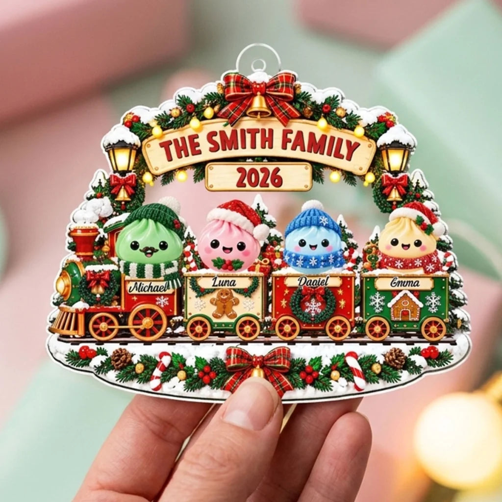 Personalized Acrylic Ornament, Cute Family Train in a Snowy Christmas Scene, Unique Gift for Family