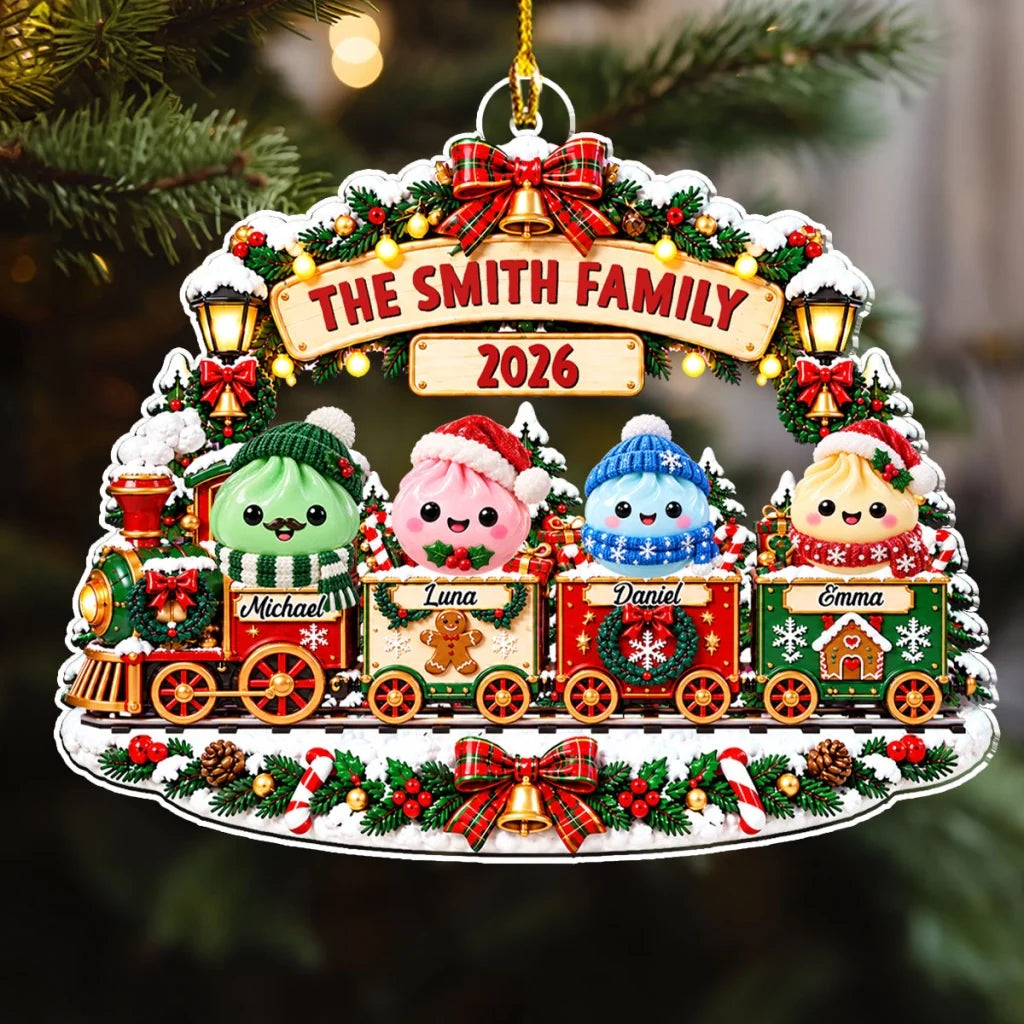 Personalized Acrylic Ornament, Cute Family Train in a Snowy Christmas Scene, Unique Gift for Family
