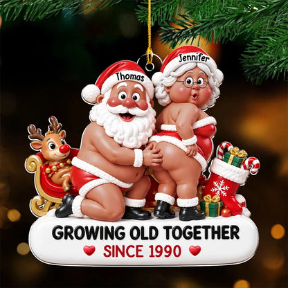 Personalized Acrylic Ornament, Playful Santa Couple by a Sleigh, Unique Red and White Christmas Gift for Couples