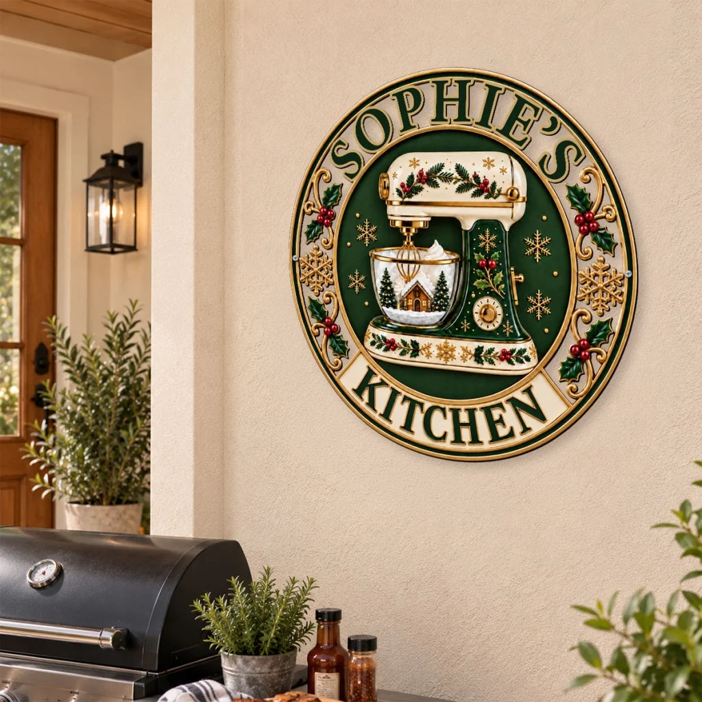 Personalized Shaped Metal Sign with Festive Stand Mixer, Unique Christmas Gift for Home Cooks