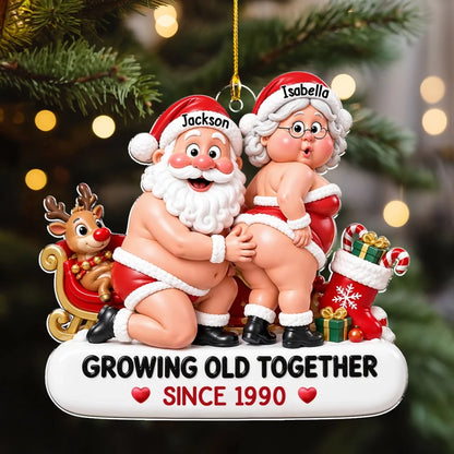 Personalized Acrylic Ornament, Playful Santa Couple by a Sleigh, Unique Red and White Christmas Gift for Couples