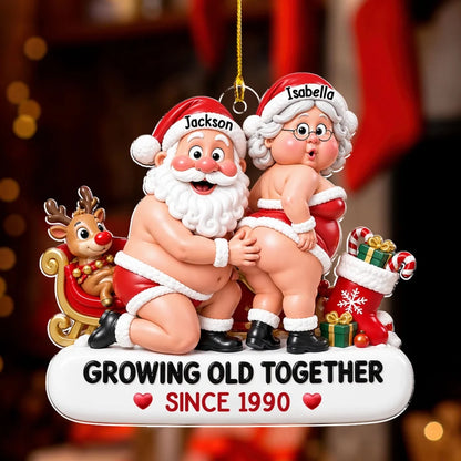 Personalized Acrylic Ornament, Playful Santa Couple by a Sleigh, Unique Red and White Christmas Gift for Couples