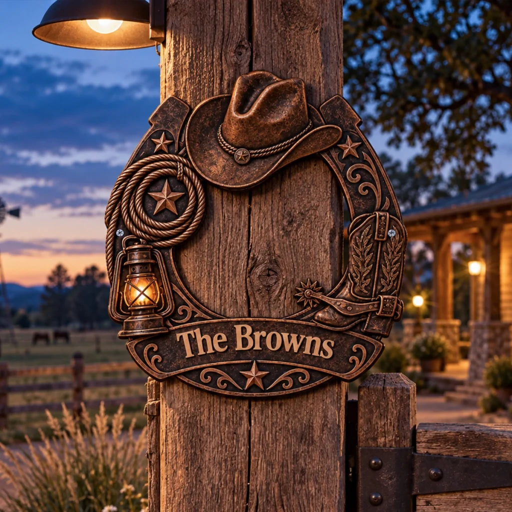 Personalized Shaped Metal Sign, Rustic Cowboy Decor with Hat, Boots & Rope, Unique Gift for Family