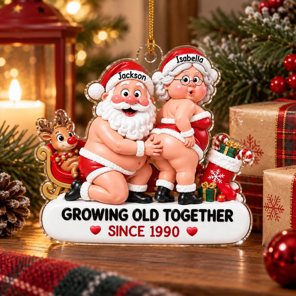 Personalized Acrylic Ornament, Playful Santa Couple by a Sleigh, Unique Red and White Christmas Gift for Couples