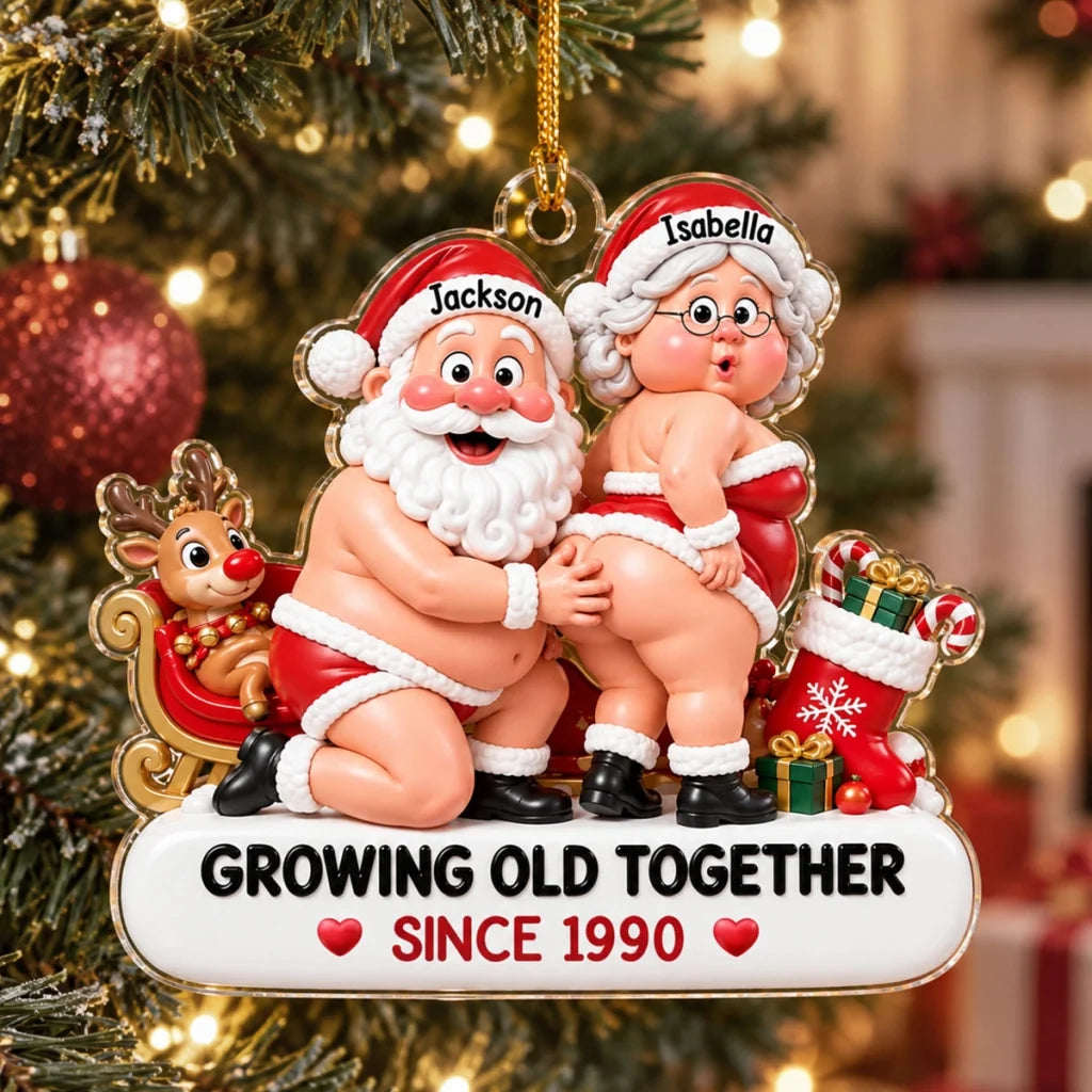 Personalized Acrylic Ornament, Playful Santa Couple by a Sleigh, Unique Red and White Christmas Gift for Couples