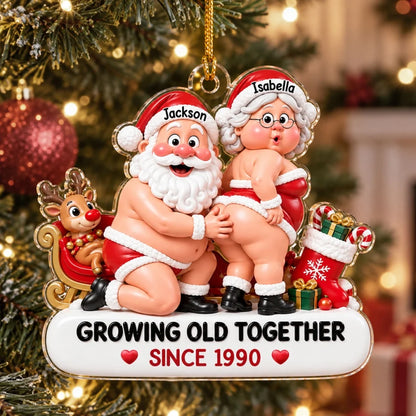 Personalized Acrylic Ornament, Playful Santa Couple by a Sleigh, Unique Red and White Christmas Gift for Couples