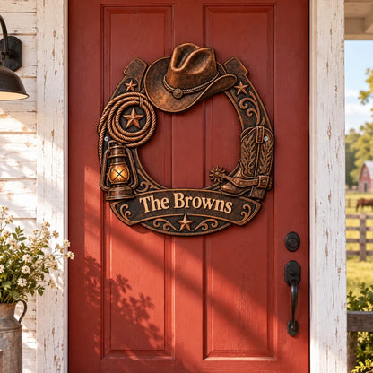 Personalized Shaped Metal Sign, Rustic Cowboy Decor with Hat, Boots & Rope, Unique Gift for Family