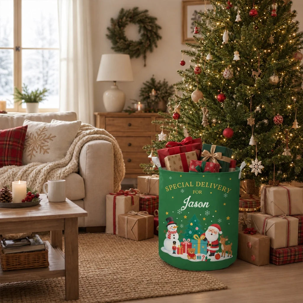 Round Storage Basket, Heartwarming Red and Green Santa Scene, Personalized Creative Gift for Family