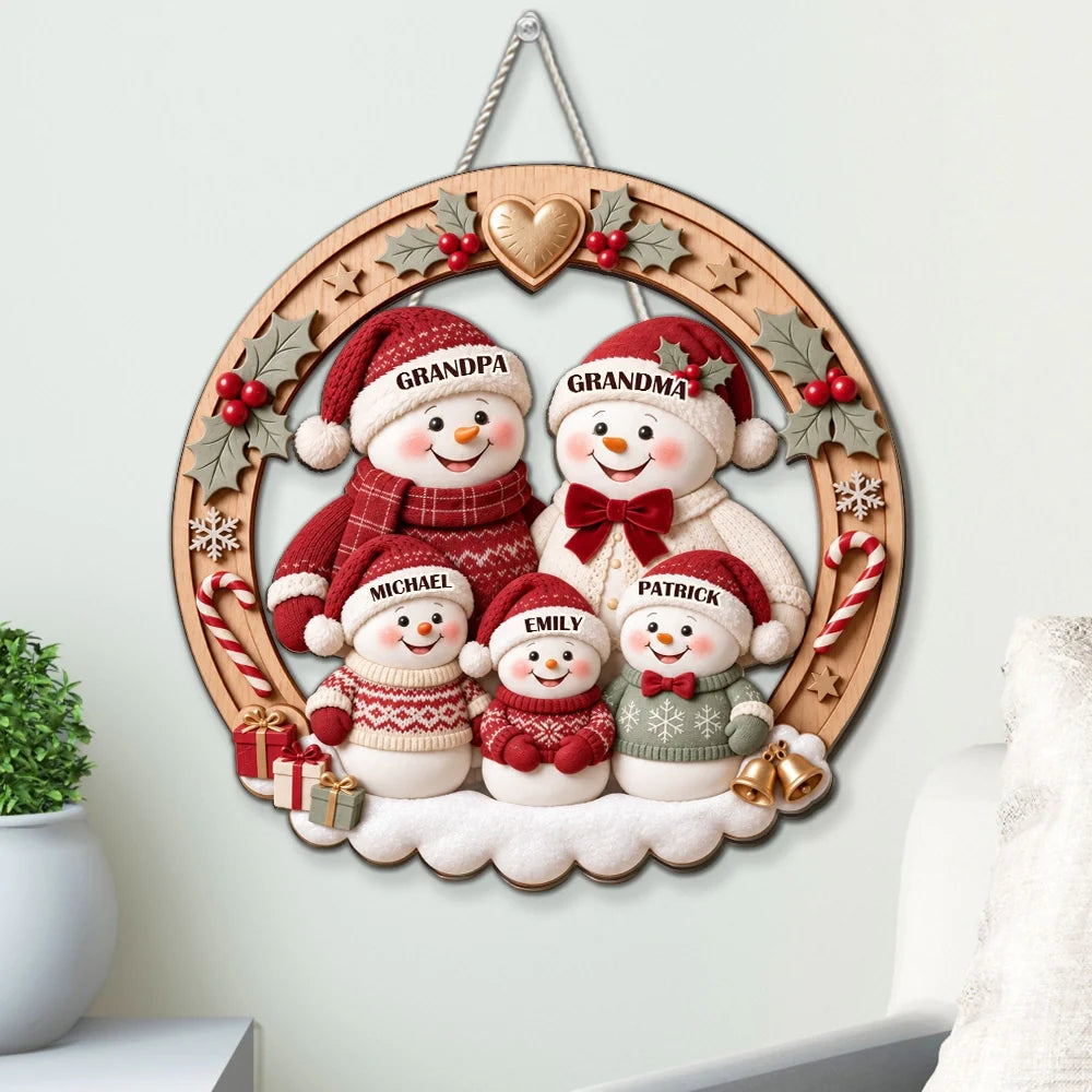 Personalized Snowman Family Wooden Sign, Festive Front Door Decor, Unique Christmas Gift for Grandparents