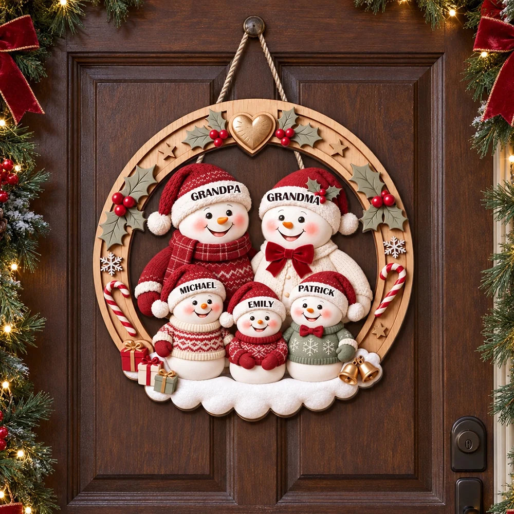 Personalized Snowman Family Wooden Sign, Festive Front Door Decor, Unique Christmas Gift for Grandparents