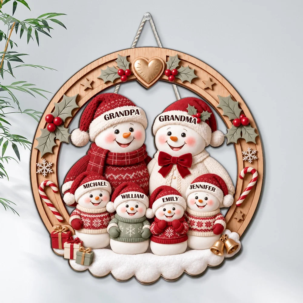 Personalized Snowman Family Wooden Sign, Festive Front Door Decor, Unique Christmas Gift for Grandparents