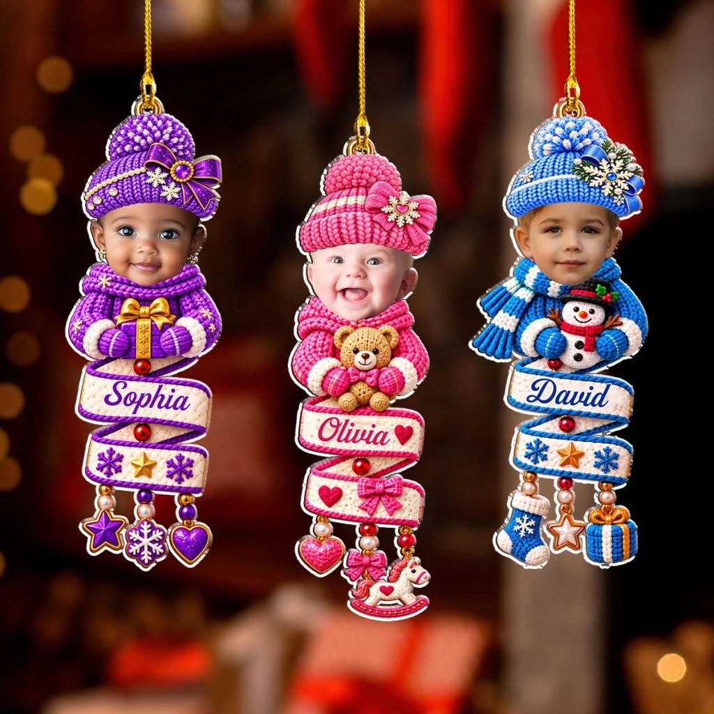 Personalized Acrylic Ornament, Knit Style Child Christmas Tree Decor, Unique Gift for Kids