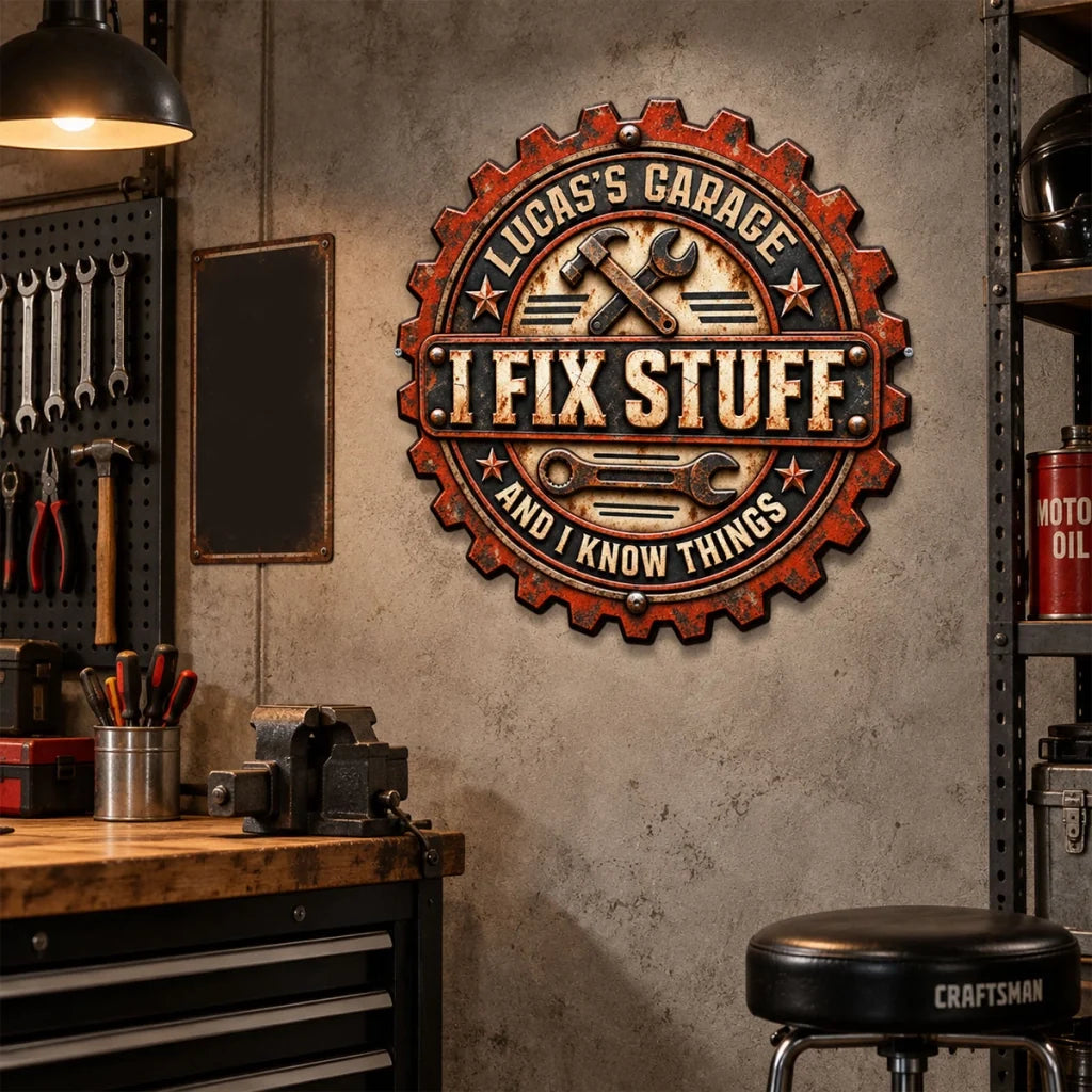 Personalized Wooden Sign, Vintage Gear Garage Workshop Decor, Unique Gift for a Handyman