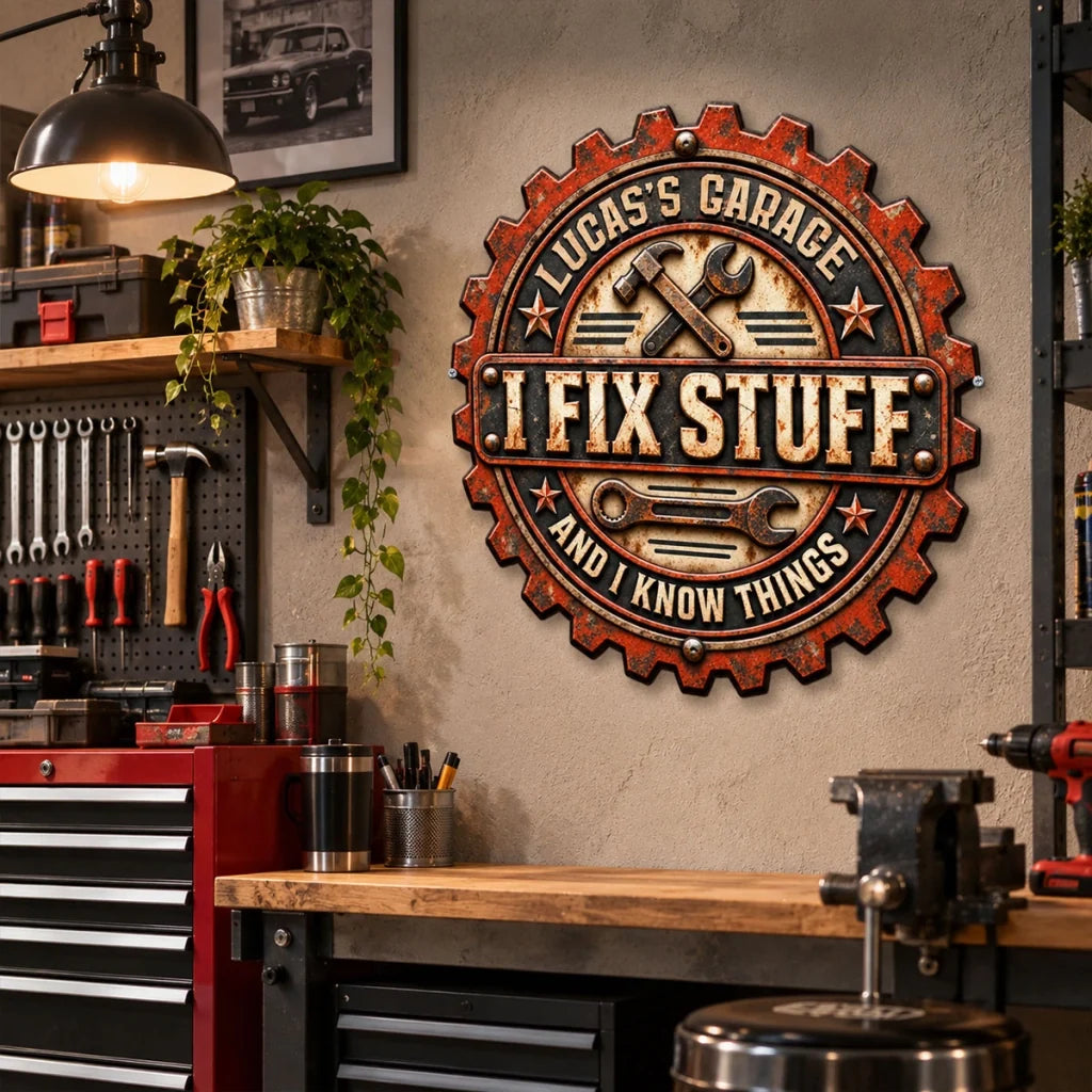 Personalized Wooden Sign, Vintage Gear Garage Workshop Decor, Unique Gift for a Handyman