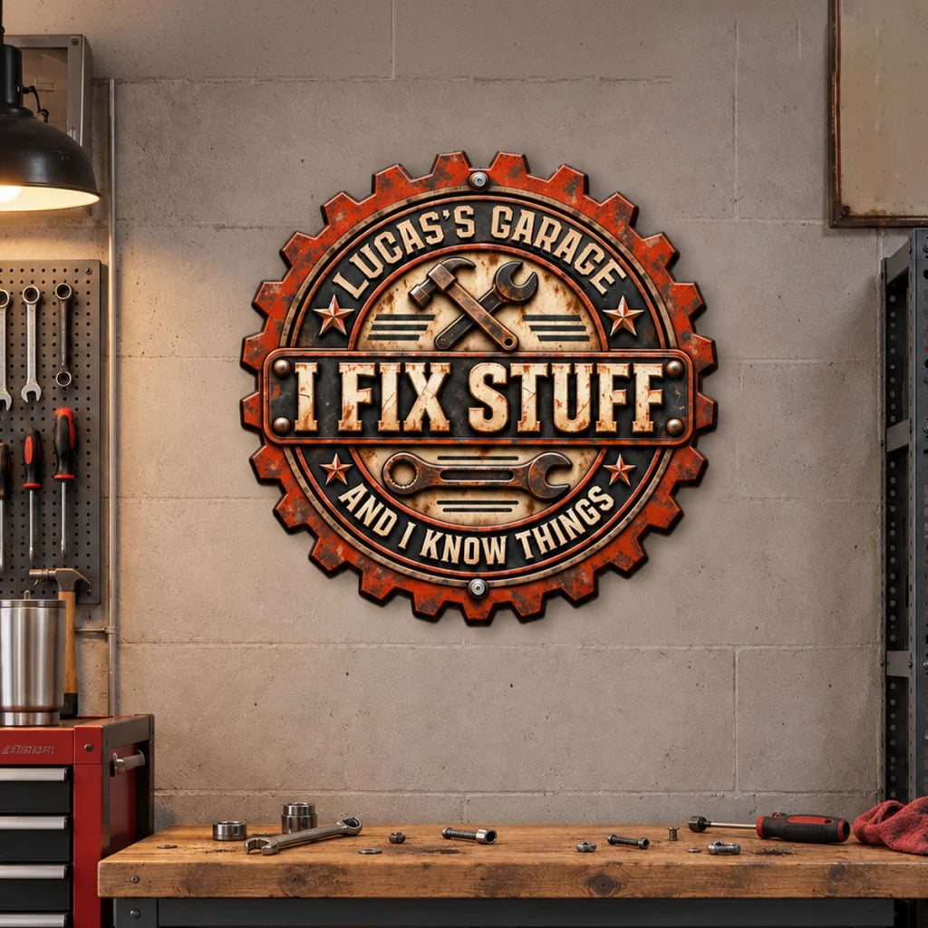 Personalized Wooden Sign, Vintage Gear Garage Workshop Decor, Unique Gift for a Handyman