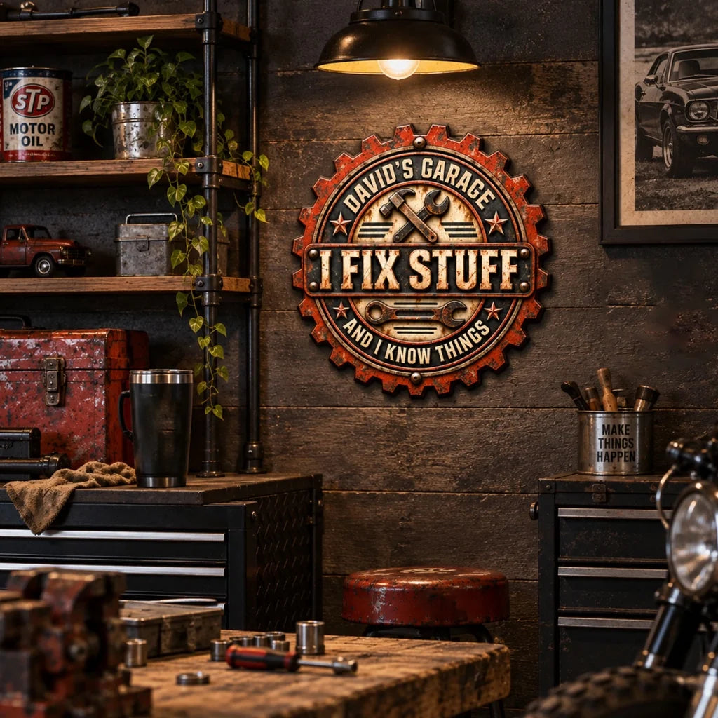 Personalized Wooden Sign, Vintage Gear Garage Workshop Decor, Unique Gift for a Handyman