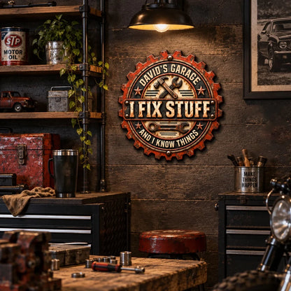 Personalized Wooden Sign, Vintage Gear Garage Workshop Decor, Unique Gift for a Handyman