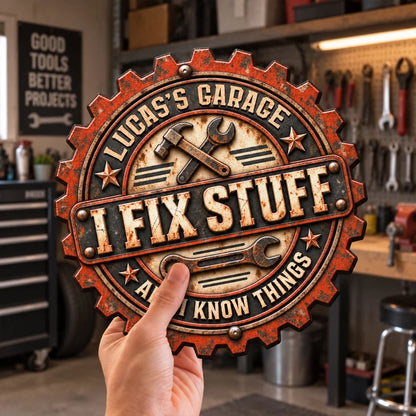 Personalized Wooden Sign, Vintage Gear Garage Workshop Decor, Unique Gift for a Handyman