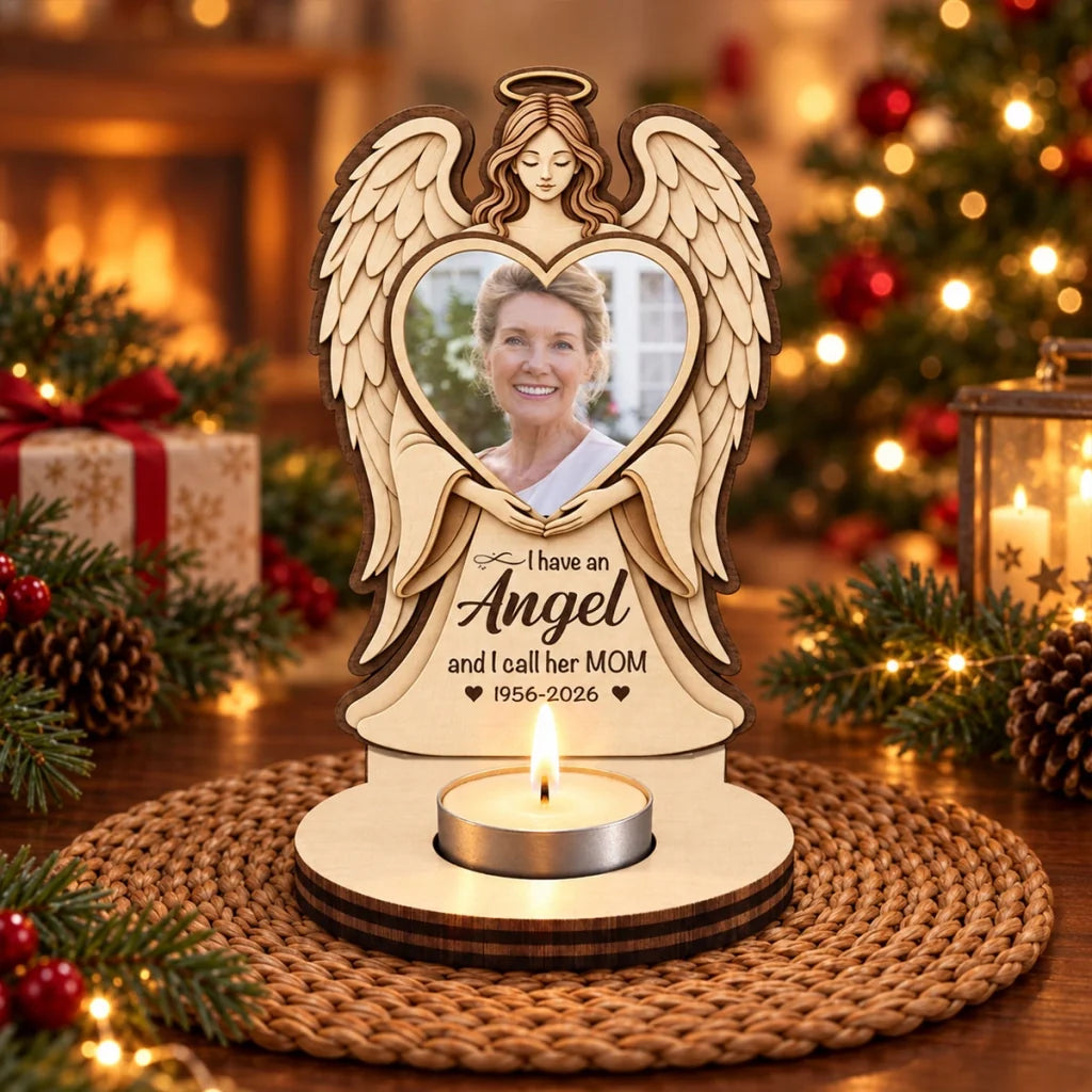 Personalized Wooden Candle Holder with Angel Holding a Heart Portrait, Unique Memorial Gift for Family