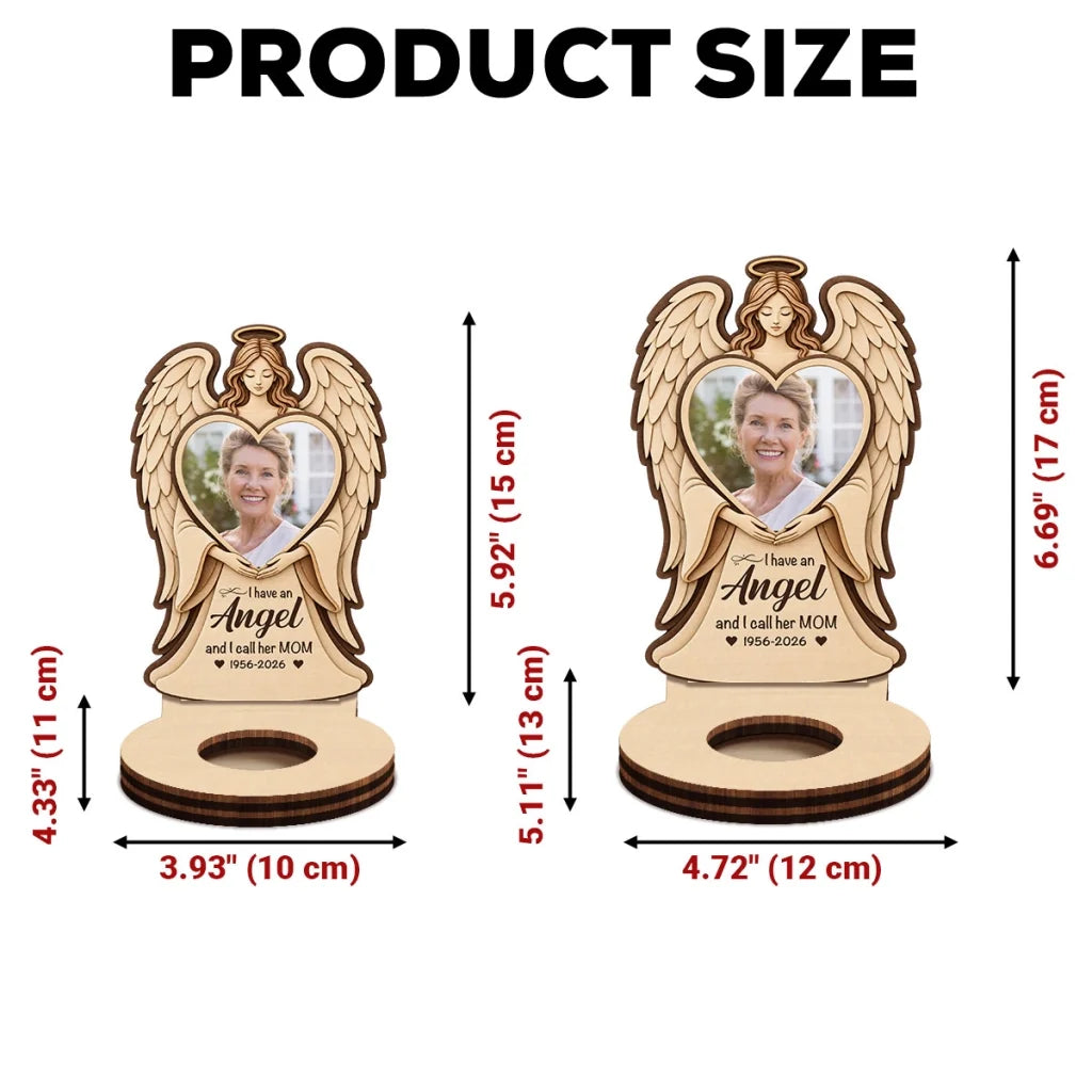Personalized Wooden Candle Holder with Angel Holding a Heart Portrait, Unique Memorial Gift for Family