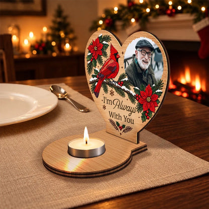 Personalized Wooden Candle Holder with Cardinal and Winter Greenery, Unique Memorial Gift for Family