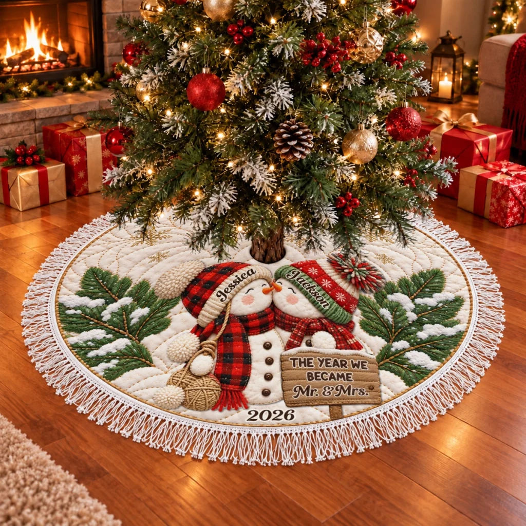 Personalized Plush Christmas Tree Skirt, Snowman Couple Under a Festive Tree, Unique Wedding Gift