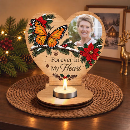 Personalized Wooden Candle Holder with Cardinal and Winter Greenery, Unique Memorial Gift for Family