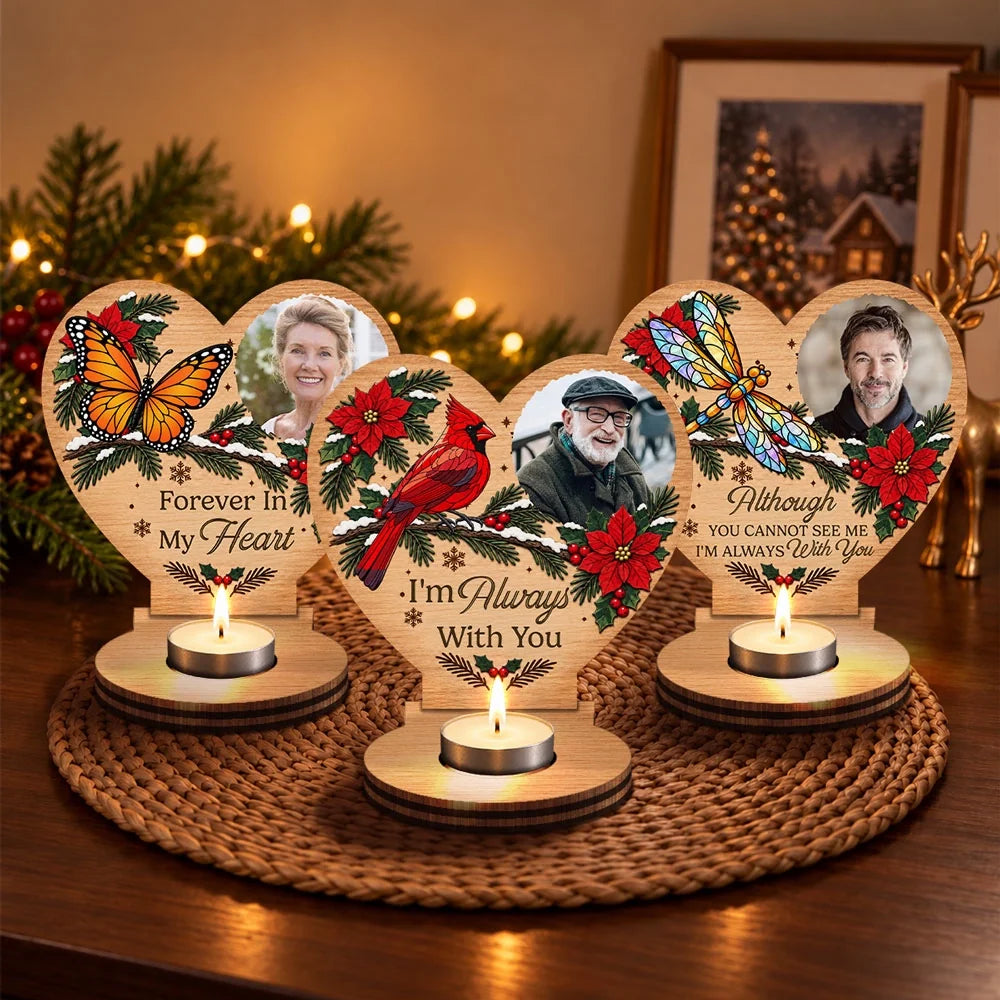 Personalized Wooden Candle Holder with Cardinal and Winter Greenery, Unique Memorial Gift for Family