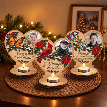 Personalized Wooden Candle Holder with Cardinal and Winter Greenery, Unique Memorial Gift for Family