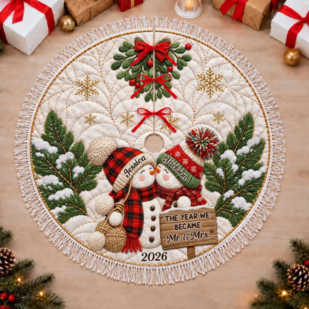 Personalized Plush Christmas Tree Skirt, Snowman Couple Under a Festive Tree, Unique Wedding Gift