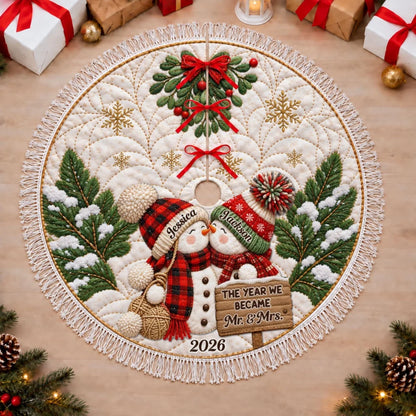Personalized Plush Christmas Tree Skirt, Snowman Couple Under a Festive Tree, Unique Wedding Gift
