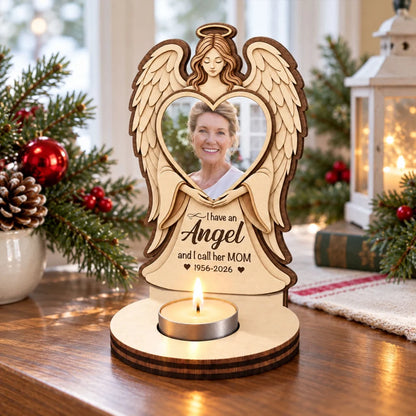 Personalized Wooden Candle Holder with Angel Holding a Heart Portrait, Unique Memorial Gift for Family