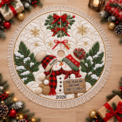 Personalized Plush Christmas Tree Skirt, Snowman Couple Under a Festive Tree, Unique Wedding Gift