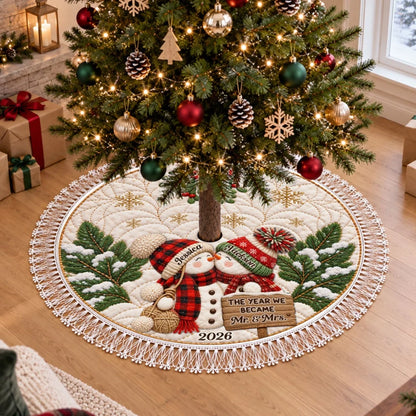 Personalized Plush Christmas Tree Skirt, Snowman Couple Under a Festive Tree, Unique Wedding Gift