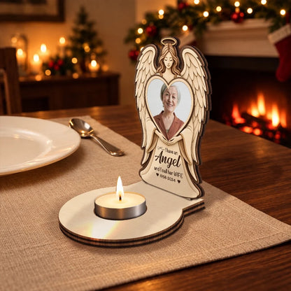 Personalized Wooden Candle Holder with Angel Holding a Heart Portrait, Unique Memorial Gift for Family