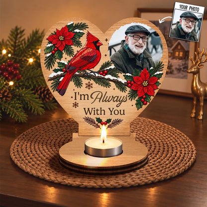 Personalized Wooden Candle Holder with Cardinal and Winter Greenery, Unique Memorial Gift for Family