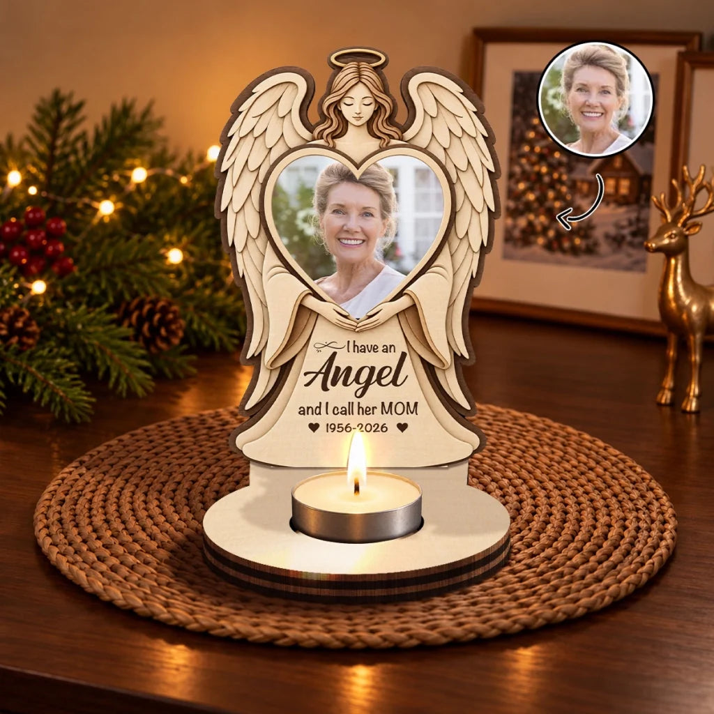 Personalized Wooden Candle Holder with Angel Holding a Heart Portrait, Unique Memorial Gift for Family