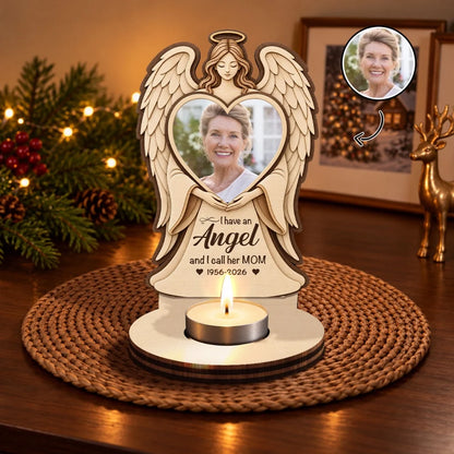 Personalized Wooden Candle Holder with Angel Holding a Heart Portrait, Unique Memorial Gift for Family