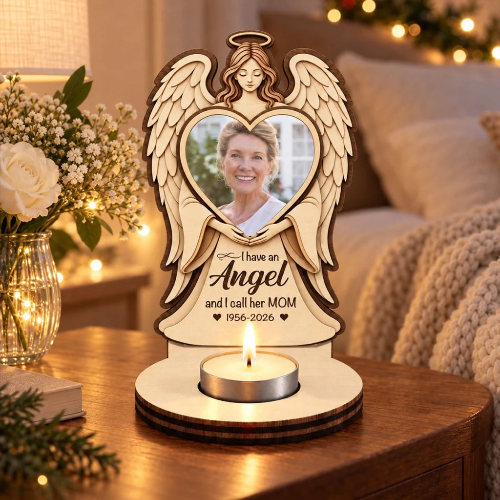 Personalized Wooden Candle Holder with Angel Holding a Heart Portrait, Unique Memorial Gift for Family