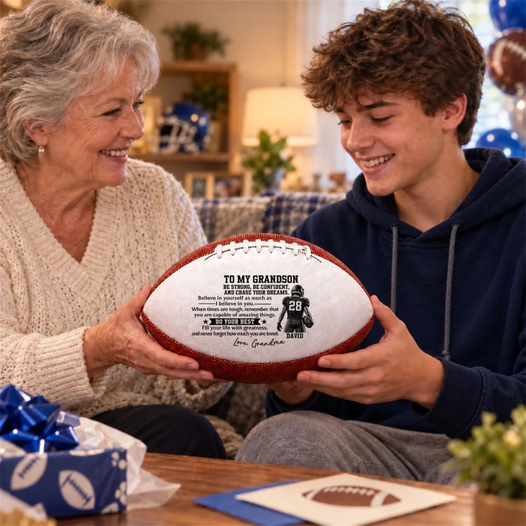Personalized Leather Football with Player Art, Unique Motivational Keepsake Gift for Grandson