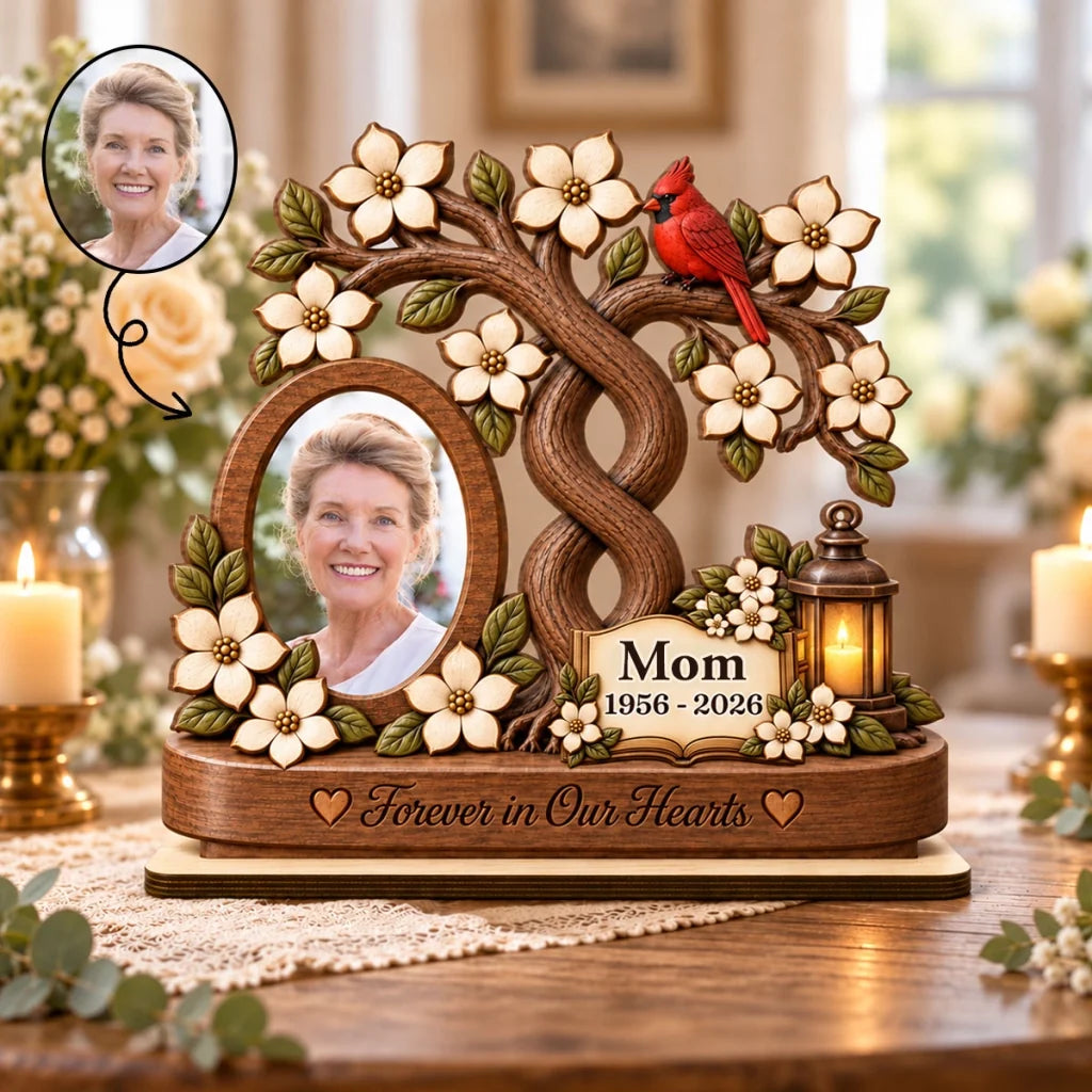 Personalized 2-Layer Wooden Plaque, Forever in Our Hearts Mom Memorial, Creative Sympathy Gift with Warm Rustic Art