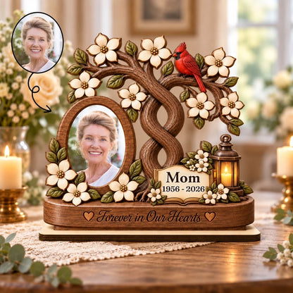 Personalized 2-Layer Wooden Plaque, Forever in Our Hearts Mom Memorial, Creative Sympathy Gift with Warm Rustic Art