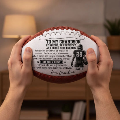 Personalized Leather Football with Player Art, Unique Motivational Keepsake Gift for Grandson