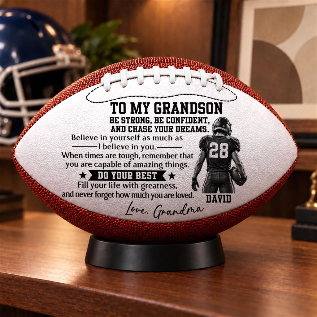 Personalized Leather Football with Player Art, Unique Motivational Keepsake Gift for Grandson
