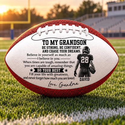Personalized Leather Football with Player Art, Unique Motivational Keepsake Gift for Grandson