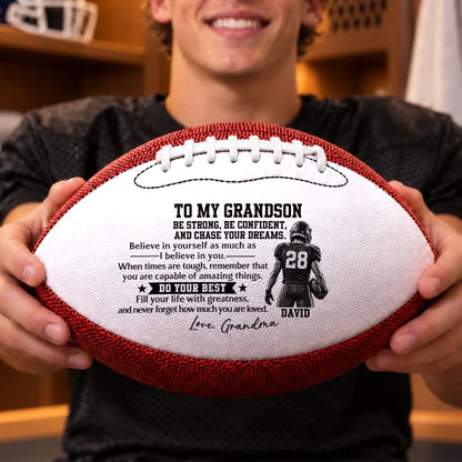 Personalized Leather Football with Player Art, Unique Motivational Keepsake Gift for Grandson