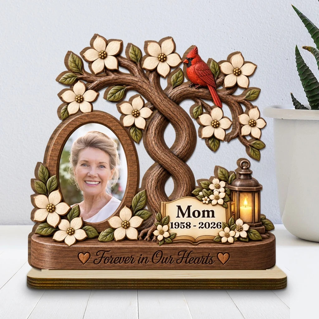 Personalized 2-Layer Wooden Plaque, Forever in Our Hearts Mom Memorial, Creative Sympathy Gift with Warm Rustic Art